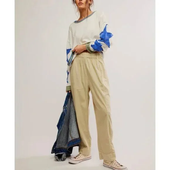 Free People Preppy Poplin Pull On Pants / Birch NWT (S) - Picture 2 of 8